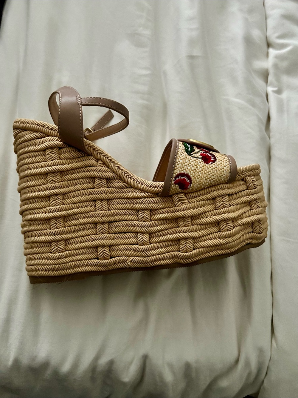 Valentino Garavani Tan Woven Rope Platform Wedges with Red Cherry Detail
